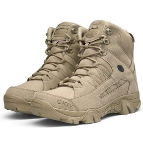 Pair of sand boots on white, toes to camera, tongue tabs and padded collars visible