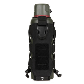 Black closed-front bottle pouch showing the hook-and-loop patch panel