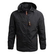 Black windbreaker, front view, hood up with contrast tan zip pulls