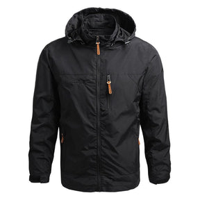Black windbreaker, front view, hood up with contrast tan zip pulls