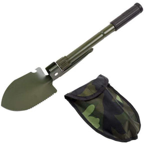 Army green folding spade opened out with its camouflage carry pouch beside it