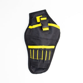Black drill pouch with yellow webbing trim, laid flat, front view