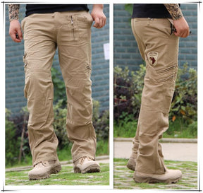 Khaki pair, front and side, with the embroidered eagle badge on the right thigh