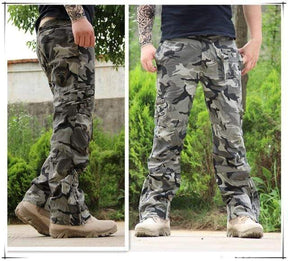 Grey urban camouflage pair, side and front views, showing flap thigh cargo pockets