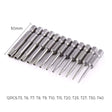 The 50 mm twelve-piece security Torx set laid out from T5 to T40