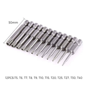 The 50 mm twelve-piece security Torx set laid out from T5 to T40