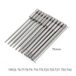Row of eleven 75 mm security Torx bits with S2 stamped hex shanks