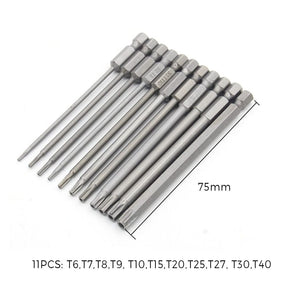Row of eleven 75 mm security Torx bits with S2 stamped hex shanks