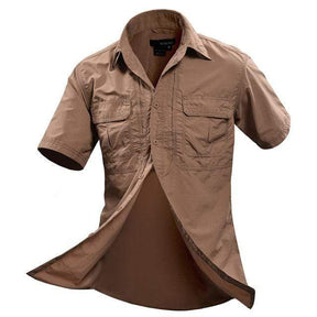 Tan shirt opened at the front, size label and mesh collar lining in close view