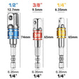 Silver set of three adapters with drive sizes marked and lengths of 74, 65 and 65 mm