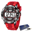 Red silicone strap digital watch beside its blue presentation box and cards