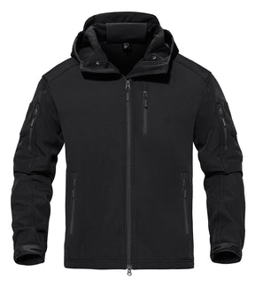 Black jacket photographed flat with hood raised and elastic cuff tabs visible