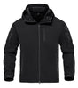 Black jacket photographed flat with hood raised and elastic cuff tabs visible