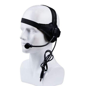 Black headset on a mannequin head, three-quarter view showing the black mesh crown strap and gooseneck boom microphone