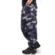 Blue-grey camo cargo pants side view, thigh cargo pocket and hem gathered over a boot