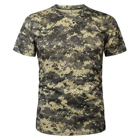 ACU camouflage tee shirt in a grey green digital pixel print, front view