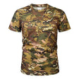 CP camouflage tee shirt, front view, green tan and brown blotch print