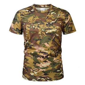 CP camouflage tee shirt, front view, green tan and brown blotch print