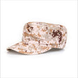 Flat top cap in tan and brown digital pixel camouflage, angled side view