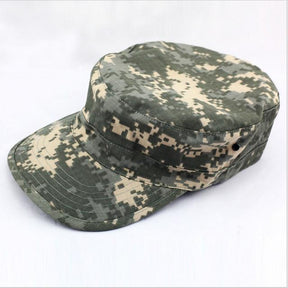 Flat top cap in grey-green digital pixel camouflage, three-quarter front view