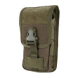 Olive green pouch closed, three-quarter view showing the flap buckled down over the body