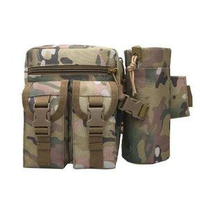 Multicam pattern waist pack with two buckled pockets and detachable bottle sleeve