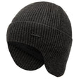 Dark grey wool beanie shown from the side with the earflaps down and the fleece lining just visible at the edge