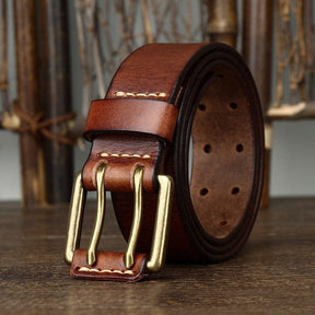38mm wide leather belt with double prong buckle