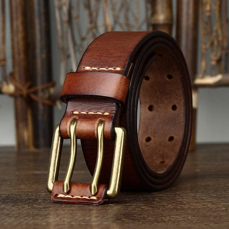 Wide Genuine Leather Belt Double Needle Buckle belts BushLine Brown 105CM