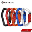 Five carabiners fanned out in black, red, orange, blue and silver