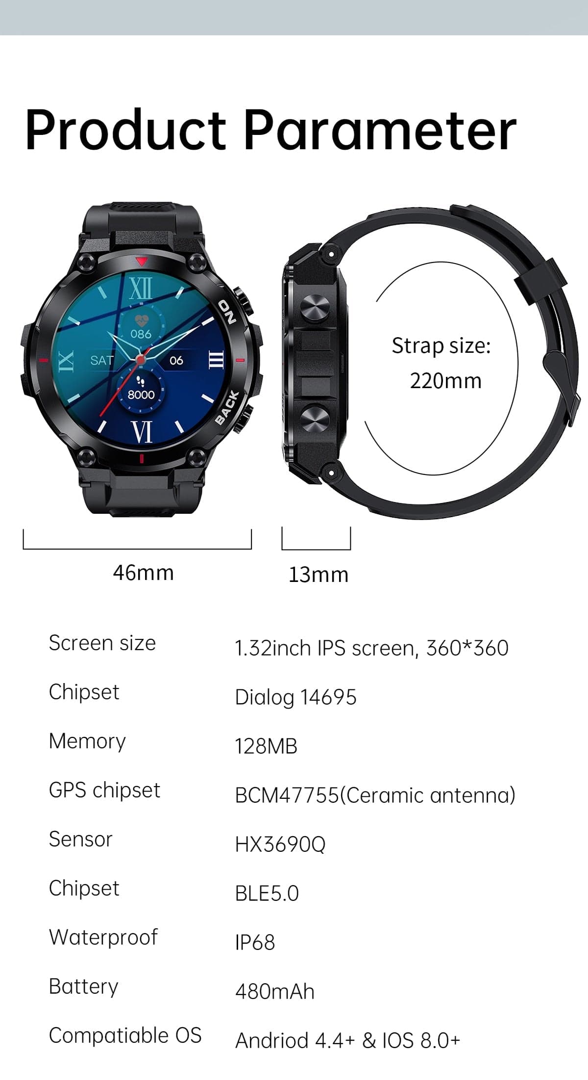 Xiaomi GPS Bluetooth GPS Smart Sports Watch 480mAh Battery Watchs BushLine   