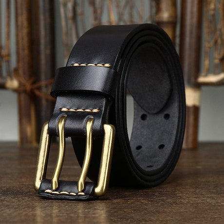 Wide Genuine Leather Belt Double Needle Buckle belts BushLine Black 105CM 