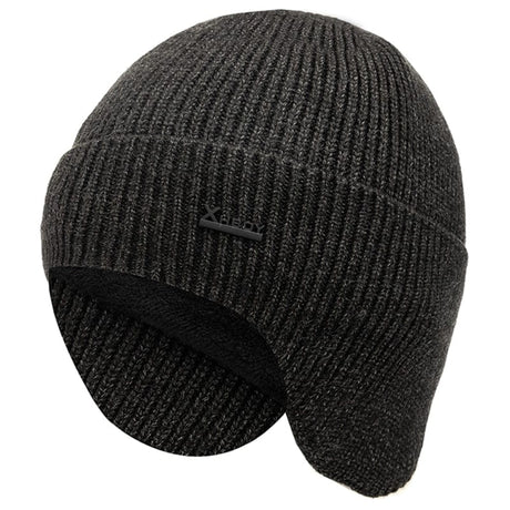 Warm up Wool Beanie with Earflaps Thermal & Wool Beanies BushLine Black Dark Grey 55cm-60cm 