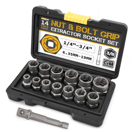 Hi-Spec 14pc Extraction Socket Set, Impact Bolt Nut Remover Set 2023 tools BushLine YELLOW  