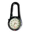 Black carabiner clip watch photographed front-on against white, dial and numbered bezel in view