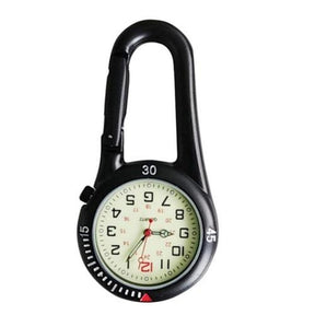 Black carabiner clip watch photographed front-on against white, dial and numbered bezel in view
