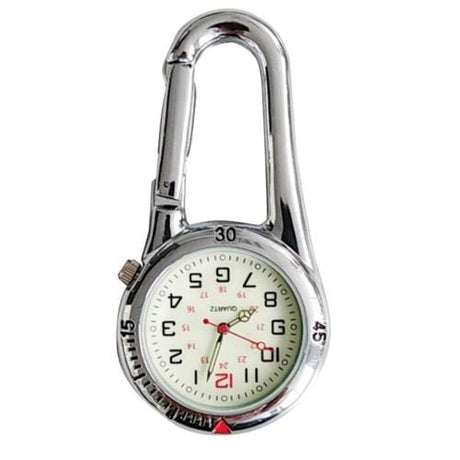 Silver carabiner clip watch front-on against white, showing the luminous dial and marked outer bezel
