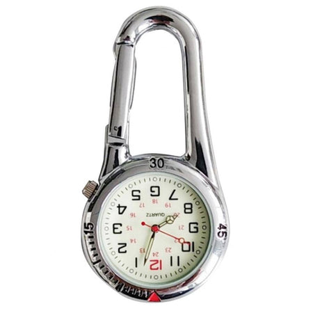 Close view of the silver model's dial: red 24-hour inner numerals, red seconds hand and side crown