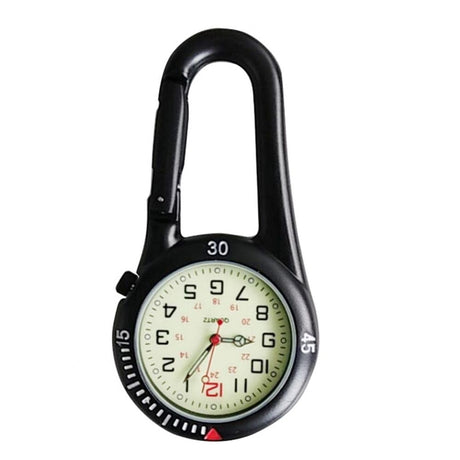 Close view of the black model's dial, showing the ticked bezel, red index triangle and clip gate