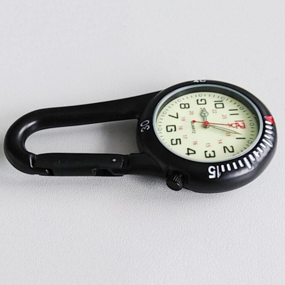 Black carabiner watch lying on its side on grey, showing case depth, spring gate and bezel edge