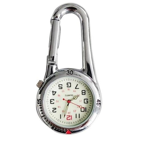Silver carabiner clip watch front-on against white, showing the luminous dial and marked outer bezel