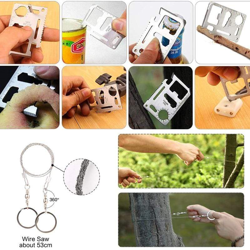 Multi-tool card shown in use on cans and bolts, with a wire saw and its finger rings