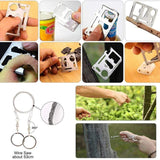 Multi-tool card shown in use on cans and bolts, with a wire saw and its finger rings
