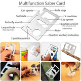 Stainless multi-tool card with its openers, wrenches, screwdriver edge, ruler and saw edge labelled