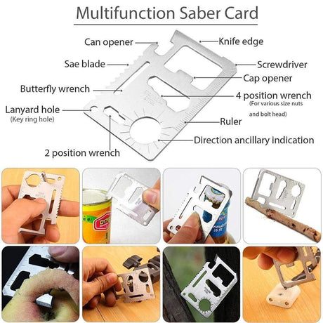 Stainless multi-tool card with its openers, wrenches, screwdriver edge, ruler and saw edge labelled