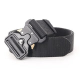 Black woven webbing belt with a black metal quick-release buckle and brass-coloured side tabs