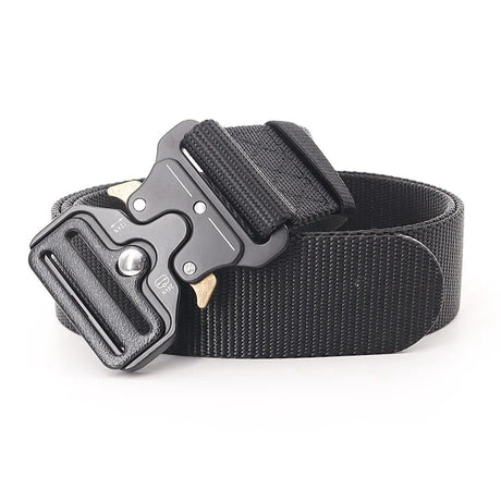 Black woven webbing belt with a black metal quick-release buckle and brass-coloured side tabs