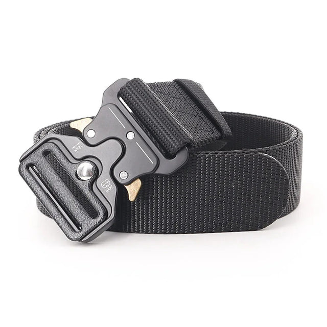 Black woven webbing belt with a black metal quick-release buckle and brass-coloured side tabs