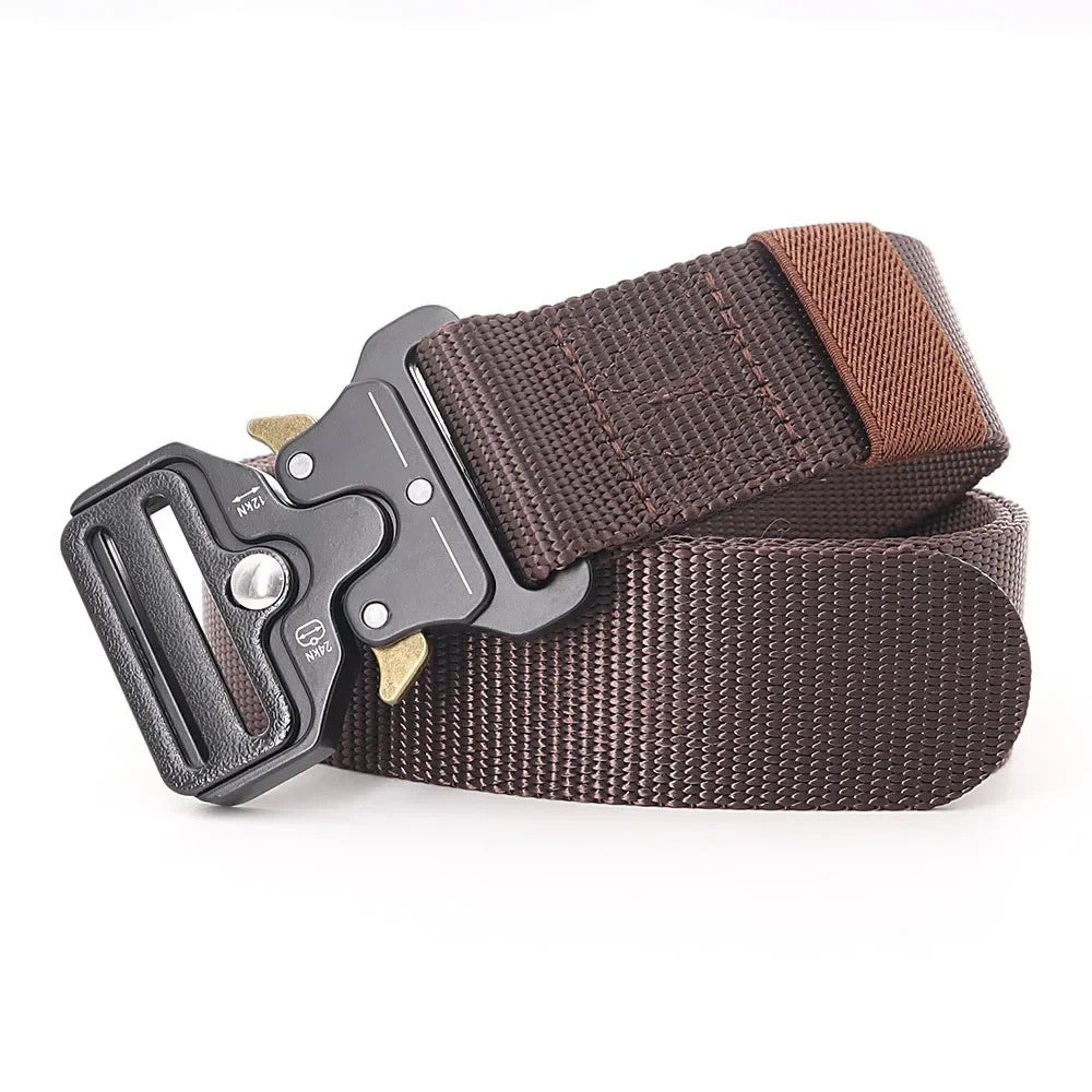 Coffee brown woven webbing belt with a black metal quick-release buckle