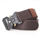 Coffee brown woven webbing belt with a black metal quick-release buckle
